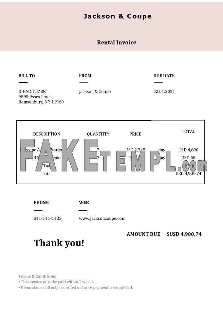 USA Jackson & Coupe fake Invoice Word and PDF template